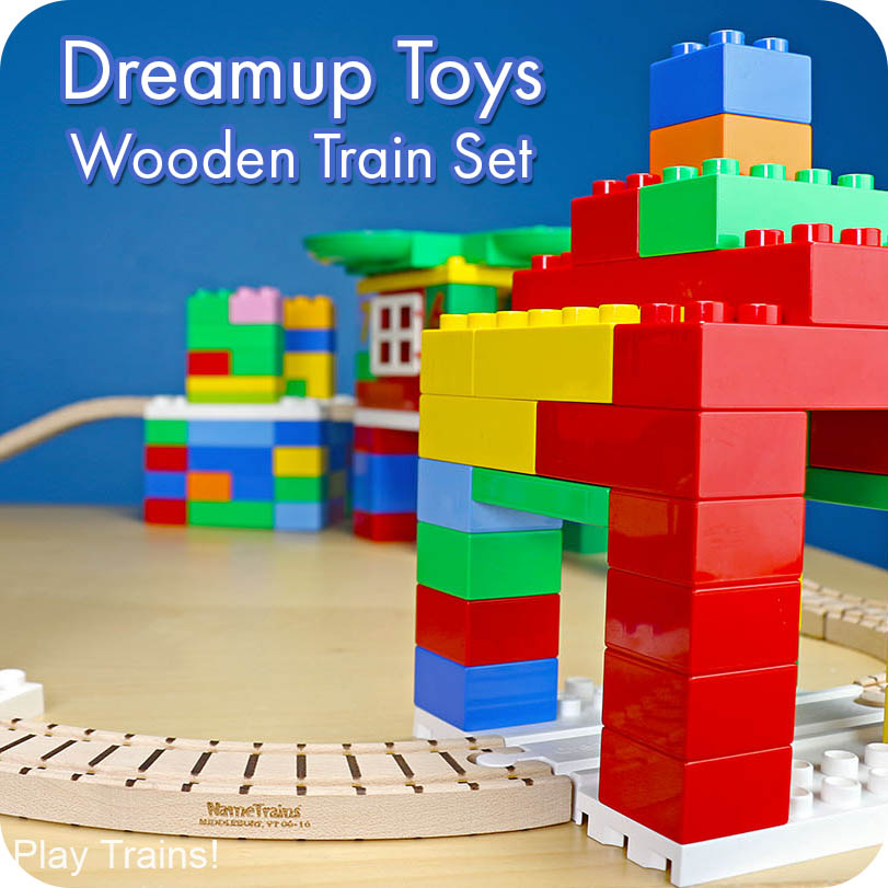 Dreamup Toys Wooden Train Set with DUPLO-compatible Block Platforms